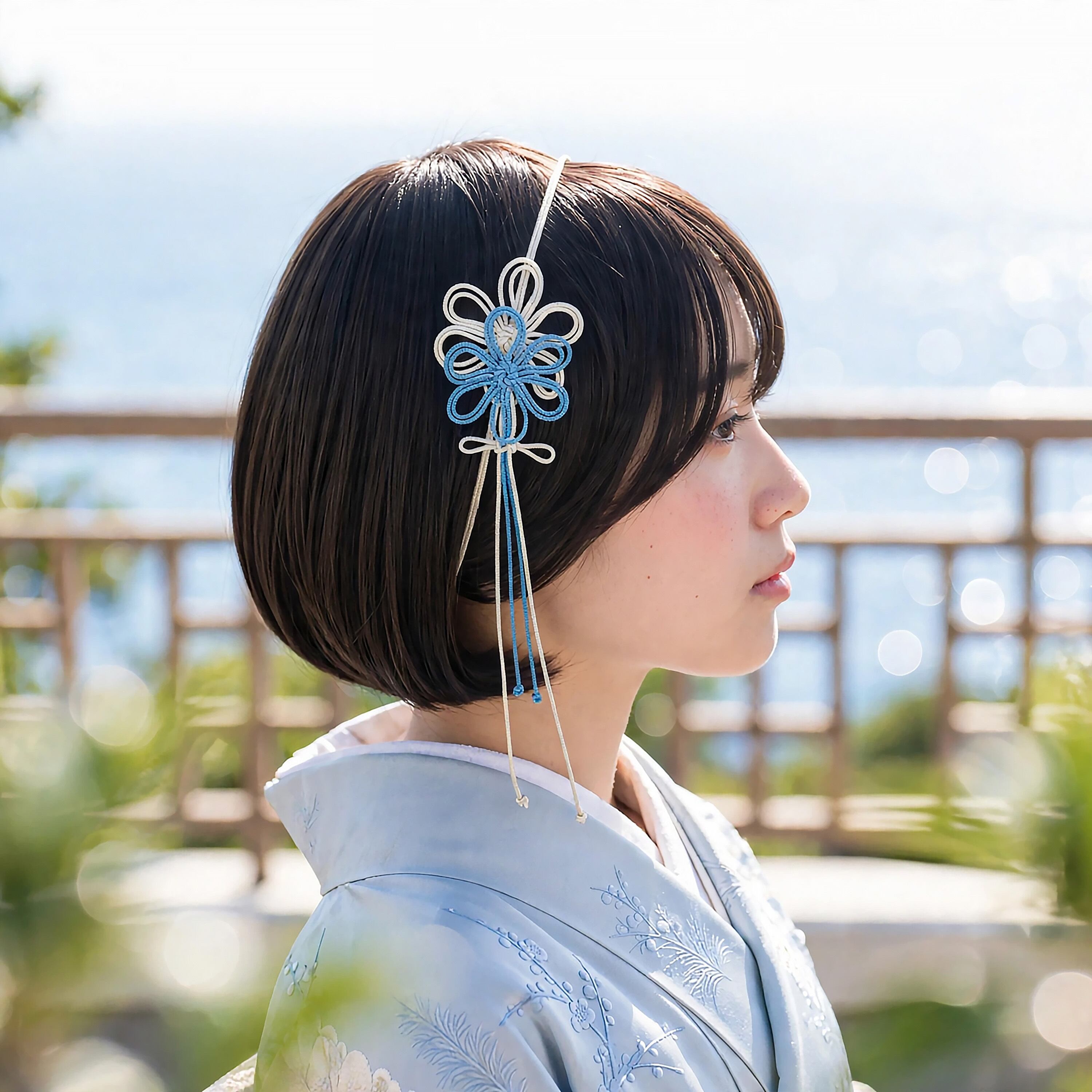 飾り結びカチューム「冴エウタフ爽」(アイボリー×縹)【軽量・簡単】浴衣や着物、日常使いにも。
