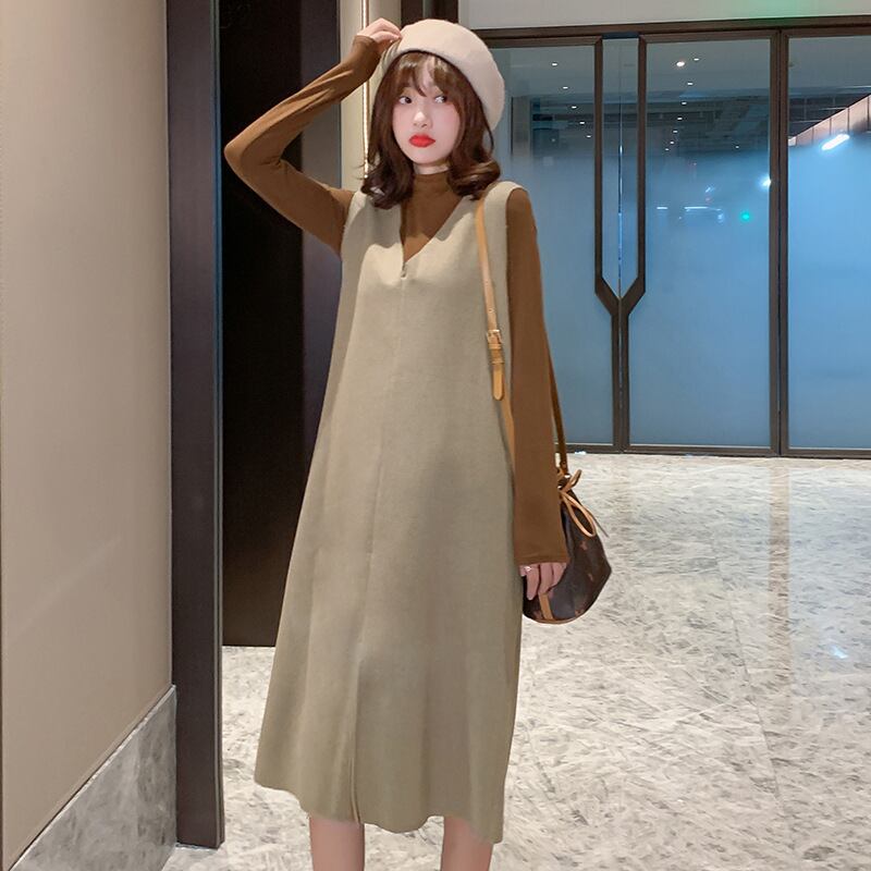 【新作】【送料無料】 マタニティウェア2019秋冬の新しいハイネックボトミングシャツ+ウールベストスカートミドル丈ツーピース妊婦-アリババ オータム 秋物 ウィンター 冬物 expec216588773090