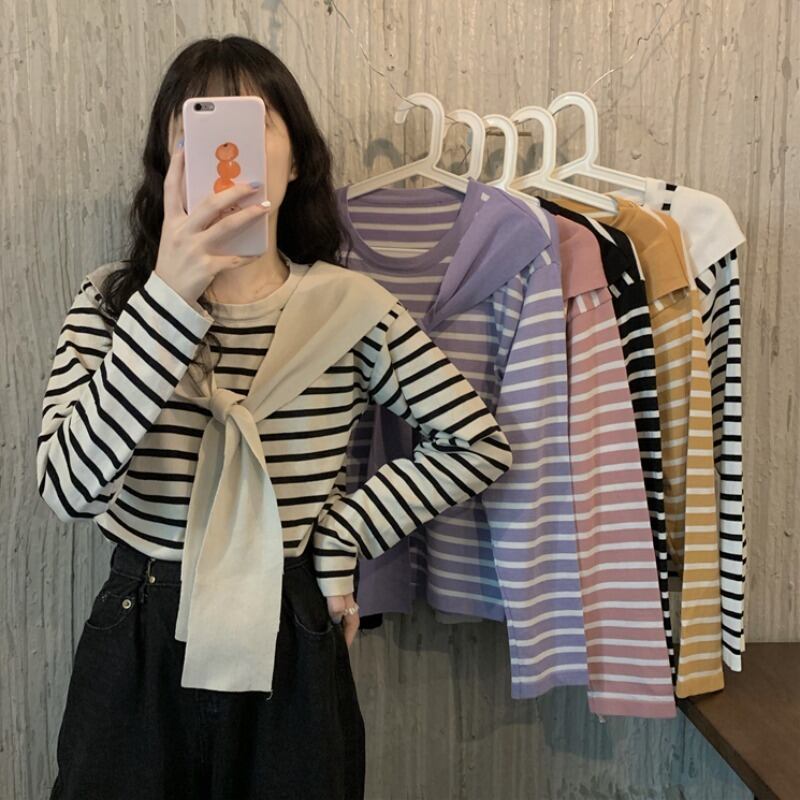 オータムTシャツ シャツ ストライプニットトップス ショート ロング 秋物 1号婦人54560391692