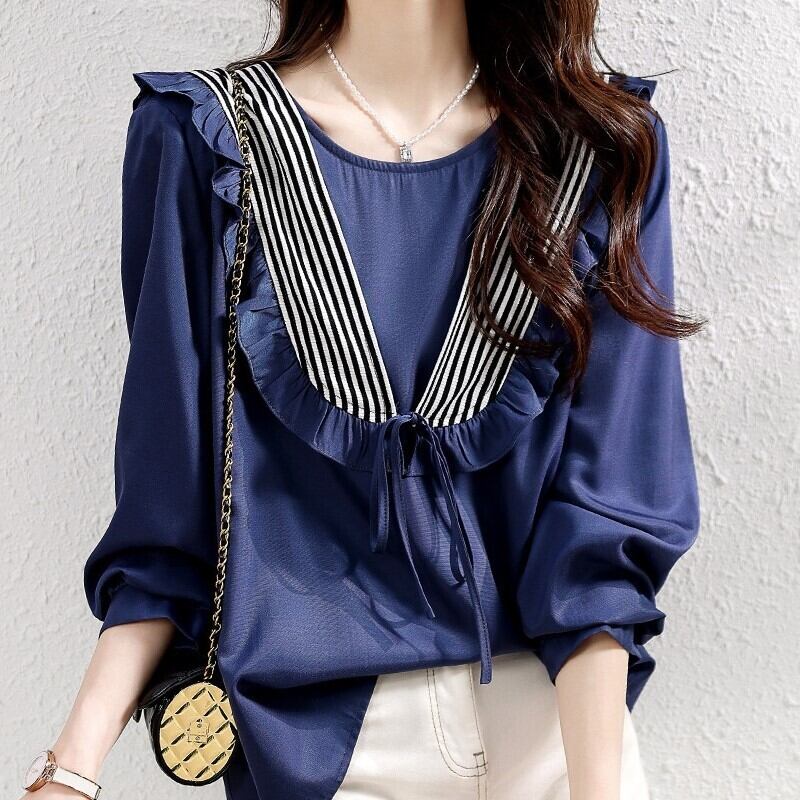 トップス レディース シャツ ミディアム丈 長袖 ラウンドネック セーラーカラー ストレート リボン フリル ストライプ かわいい 大人可愛い シンプル カジュアル シック 上品 清楚 おしゃれ お洒落 綺麗 お嬢様 おとな ナチュラル こなれ感 ラフ ラブリー キュート 抜け感 エレガント ボーダー OL 通勤 学生 通学 デート お出かけ 女子会 休日 散歩 カフェ巡り 送料無料 公園デビュー S M L XL ネイビー 紺 春 秋 20代 30代 40代 韓国 韓国系 着回し 普段使い 楽ちん モテ