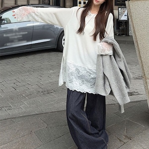 【送料無料】 裾レース ロング Tシャツ 長袖 レディース 春夏 韓国 きれいめ 大人 かわいい カジュアル シンプル 重ね着 ロンT インナー トップス 袖レース 大人可愛い 大人女子