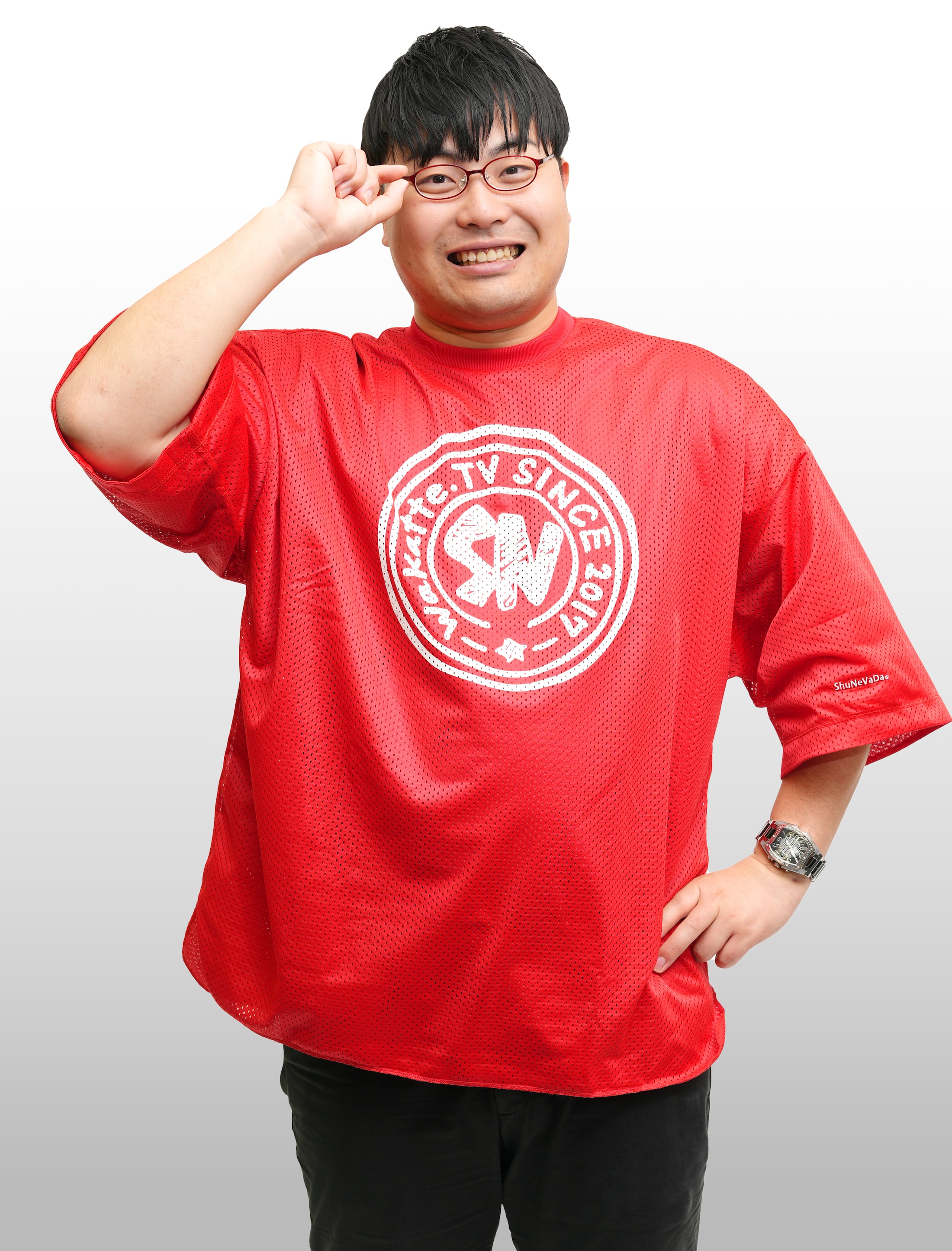 メッシュオーバーサイズTシャツ 胸元ロゴ(SNロゴ×wakkate.TV)赤