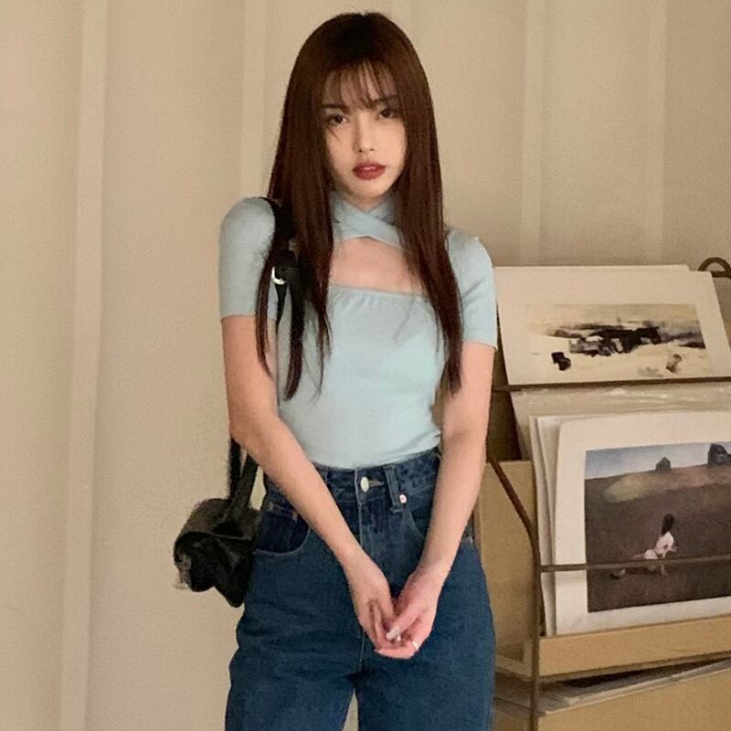 ブラックスリム薄手半袖スリーブTシャツ カラーバンドトップス ショート ハーフスリーブ ブラックストロベリース21950589334