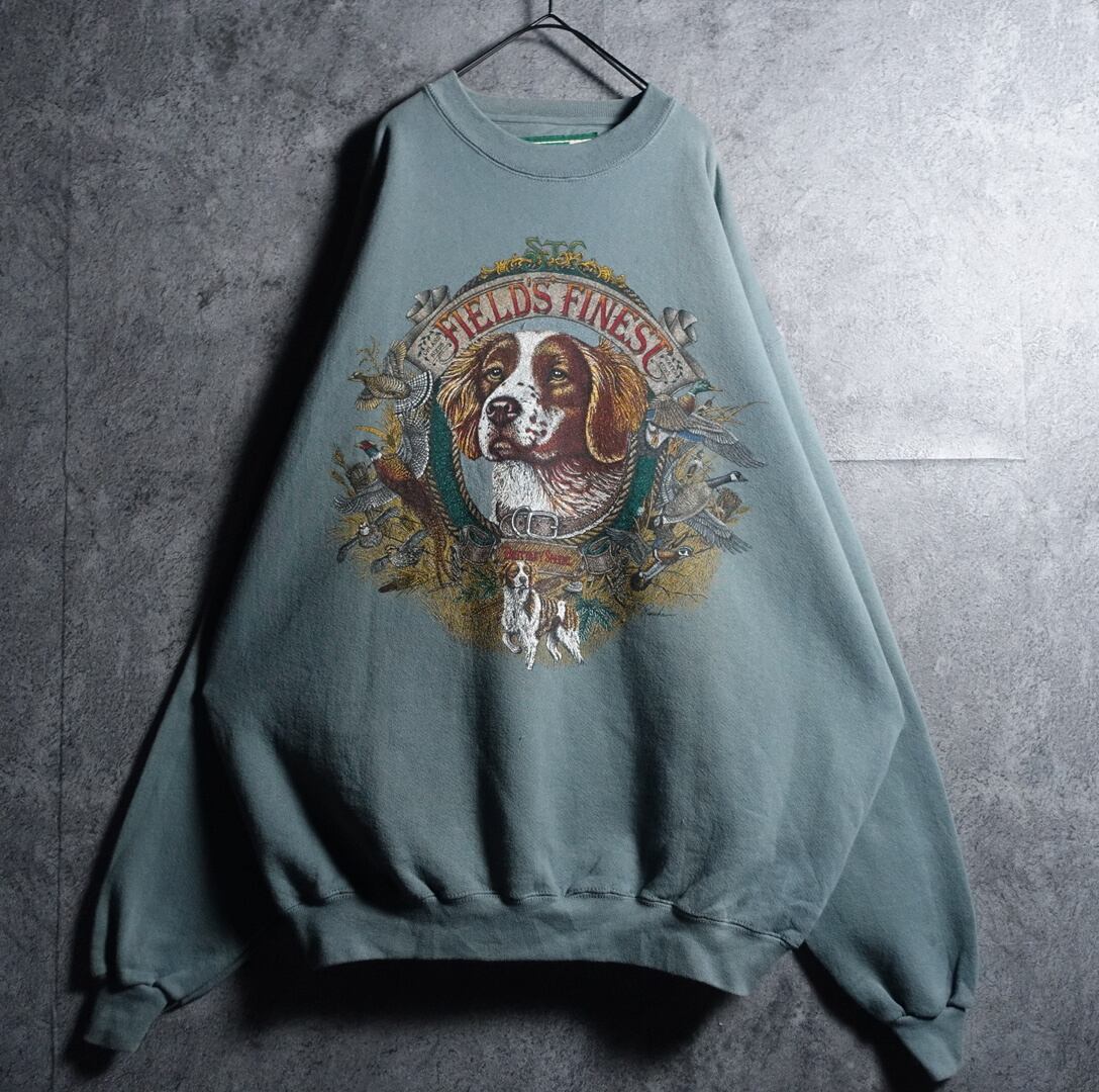 90s Light Green Dog & Duck Motif Animal Print Design Sweat