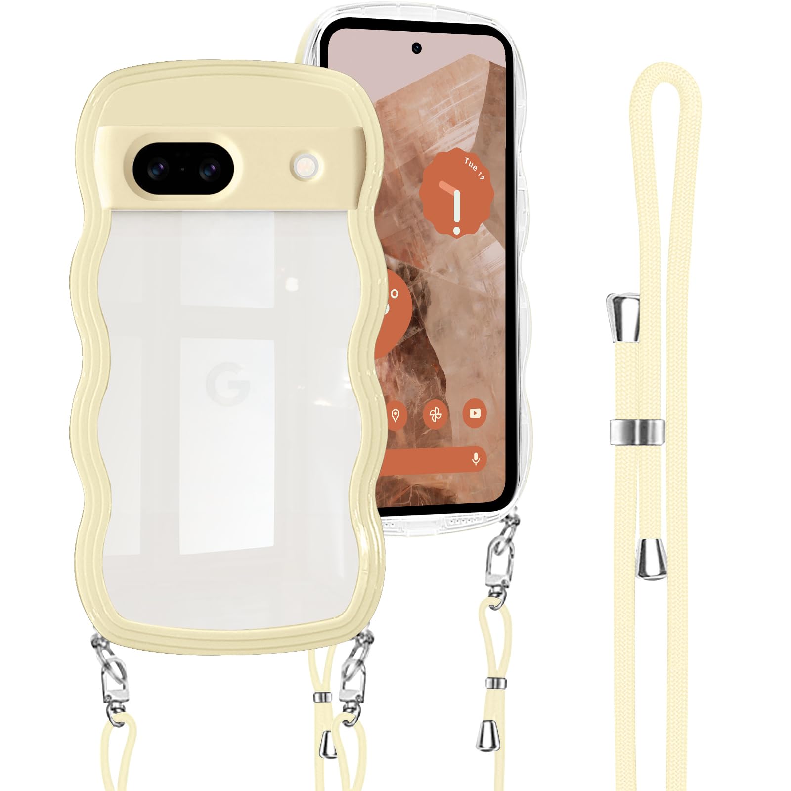 Shengkawang Google Pixel 8a 用 ケース ショルダー ストラップ 波型 ウェーブ 韓国 スマホケース イエロー
