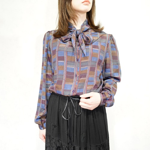 USA VINTAGE SOPHISTICATES BY JONATHAN MARTIN PATTERNED DESIGN RIBBON TIE BLOUSE/アメリカ古着柄デザインリボンタイブラウス