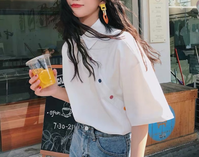 トップス ポロシャツ 斜め ボタン 半袖 韓国ファッション ブラック ホワイト