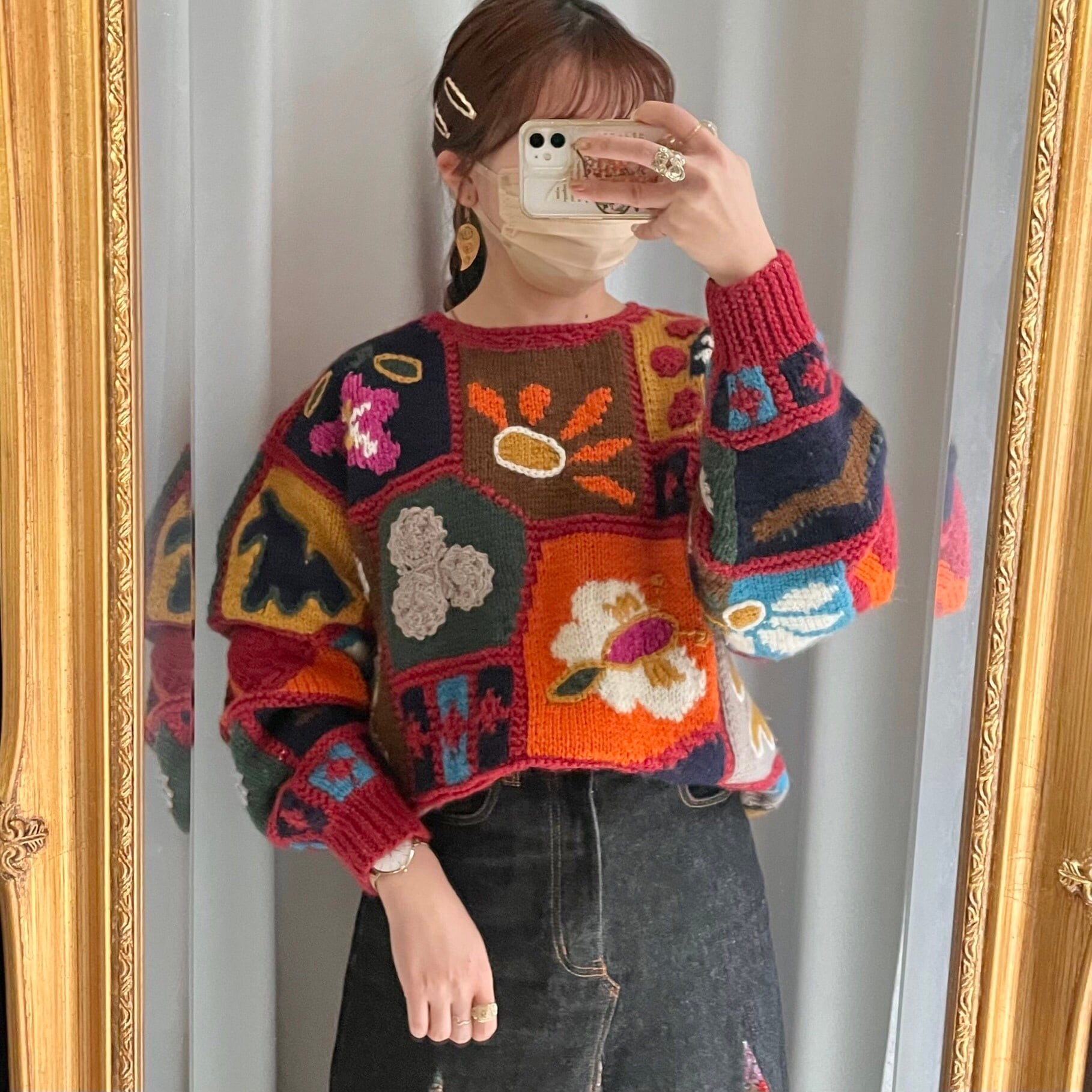 hand knit patchwork design sweater 〈レトロ古着 ハンドニット