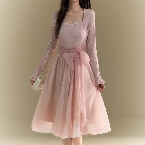 ウエストリボンスクエアネックチュールワンピ ・74885