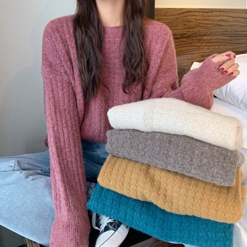 カジュアルプルオーバー ソリッド カラーラウンドネックニットセーター Oネック ソリッドカラー 1号婦人89446910394