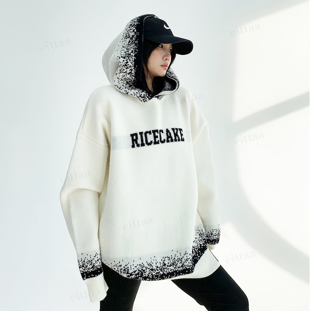 ★予約★D-1419　2026秋新作♡RICECAKEフェイクレザーラベル付き粉雪グラデニットフーディー　ホワイト