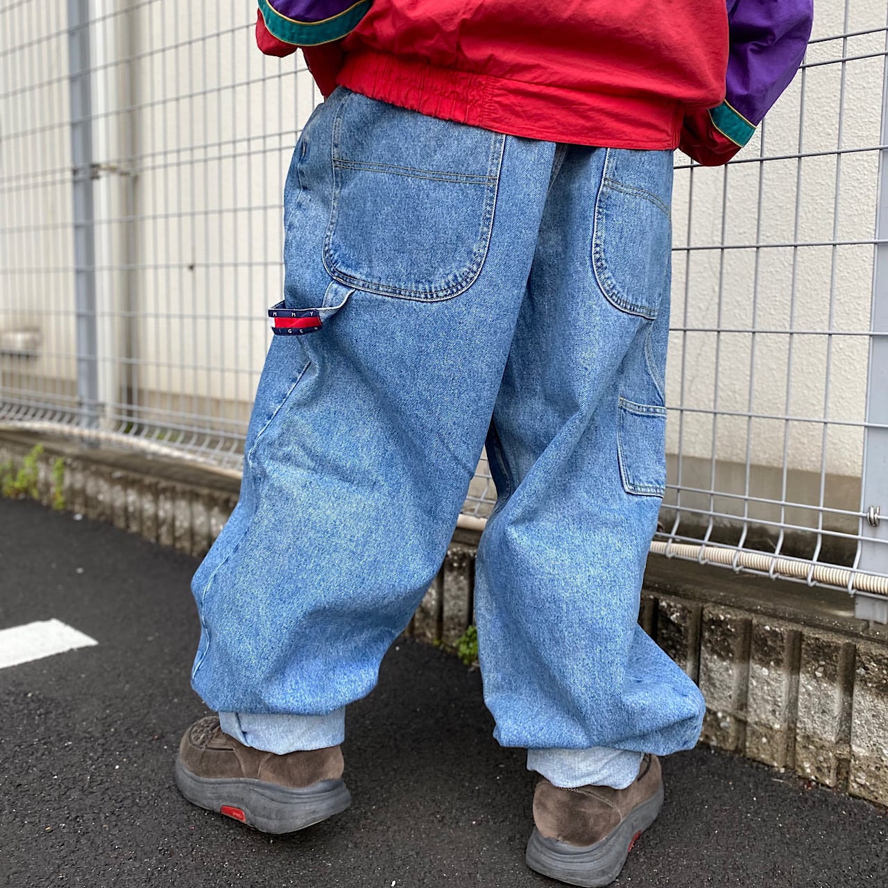 90s 極太 オールド トミーヒルフィガー ワイド バギー トラックパンツ 刺繍