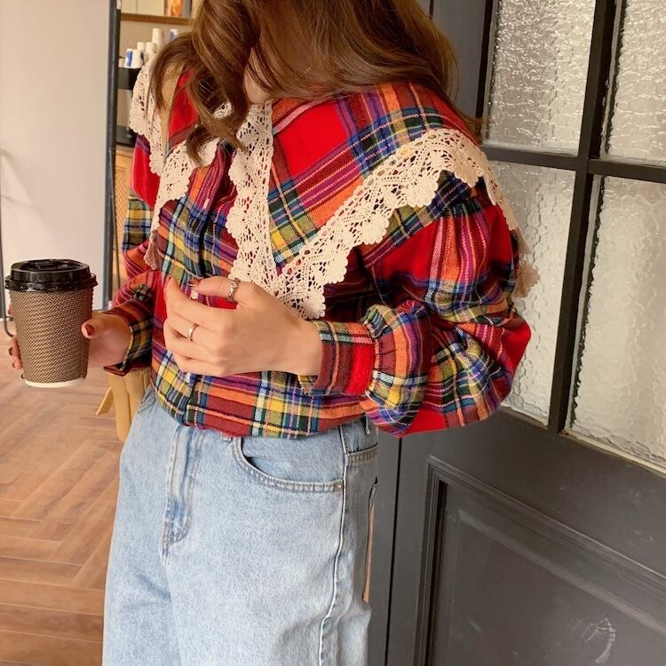 スタンダードカラー格子柄トップス レースルーズ長袖スリーブシャツ スプリングレディース ロング レトロ 春物 ビッグFスモールZ韓国52777269731