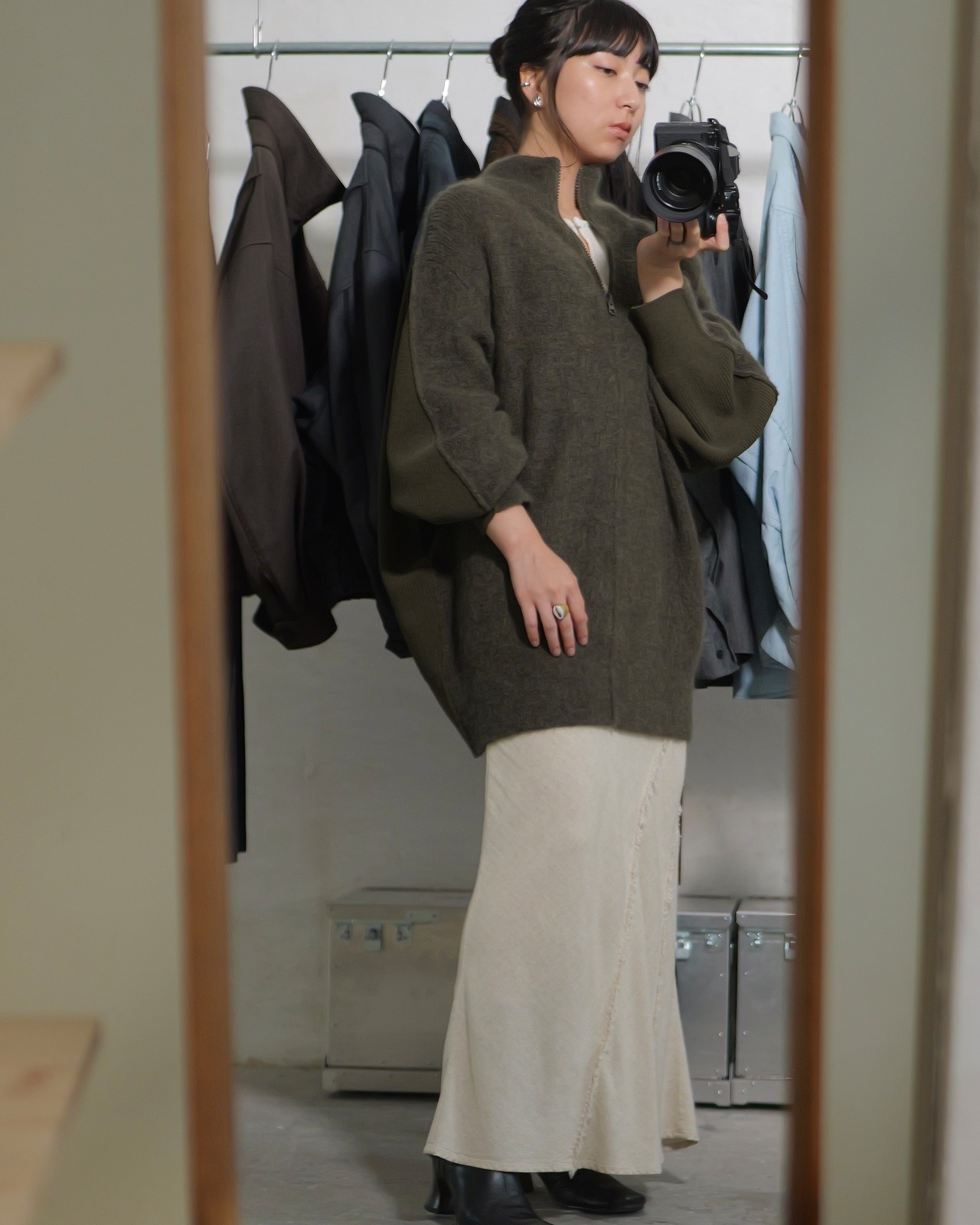 予約販売 | i’m here : - “SWITCH” DRIVER’S KNIT ：Khaki｜前後スイッチ／ドライバーズニット／異素材の温度
