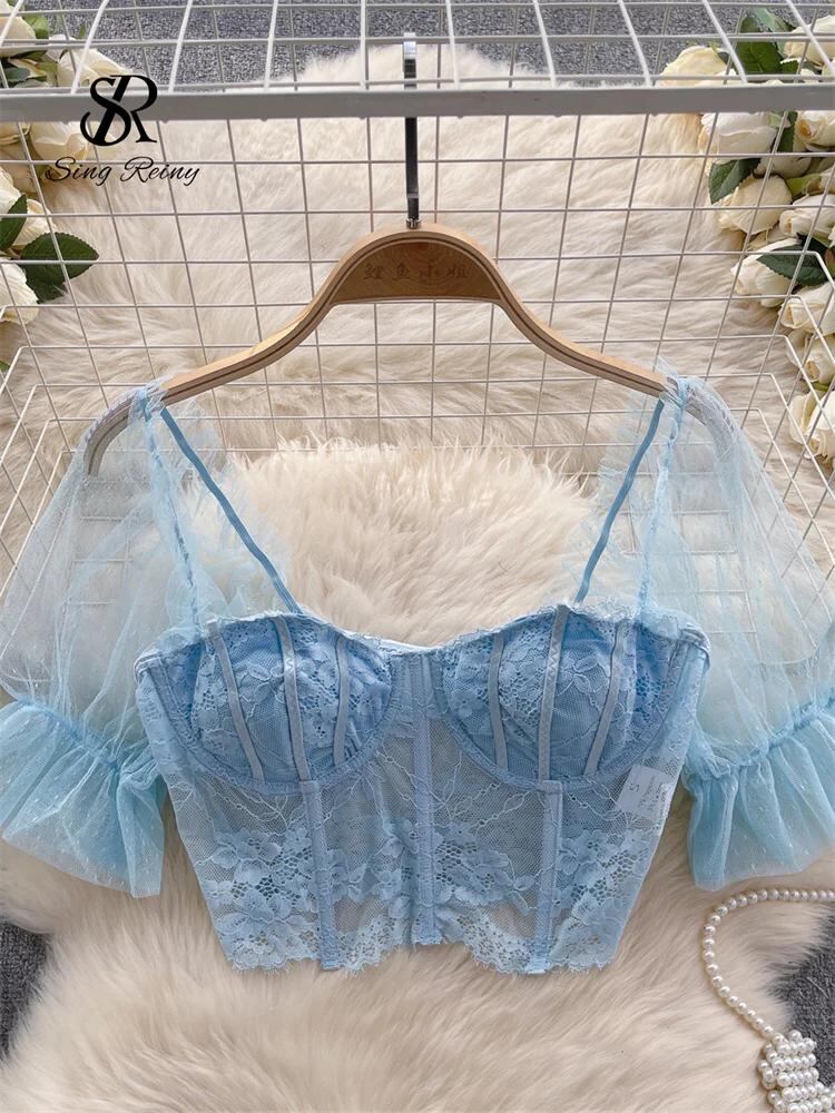 Sing補強-女性の甘いレースのクロップトップ、セクシーなTシャツ、純粋なパフスリーブ、半袖タンクトップ、フランスのファッションストリートウェア、ホットソフト、新しい春、2024_76