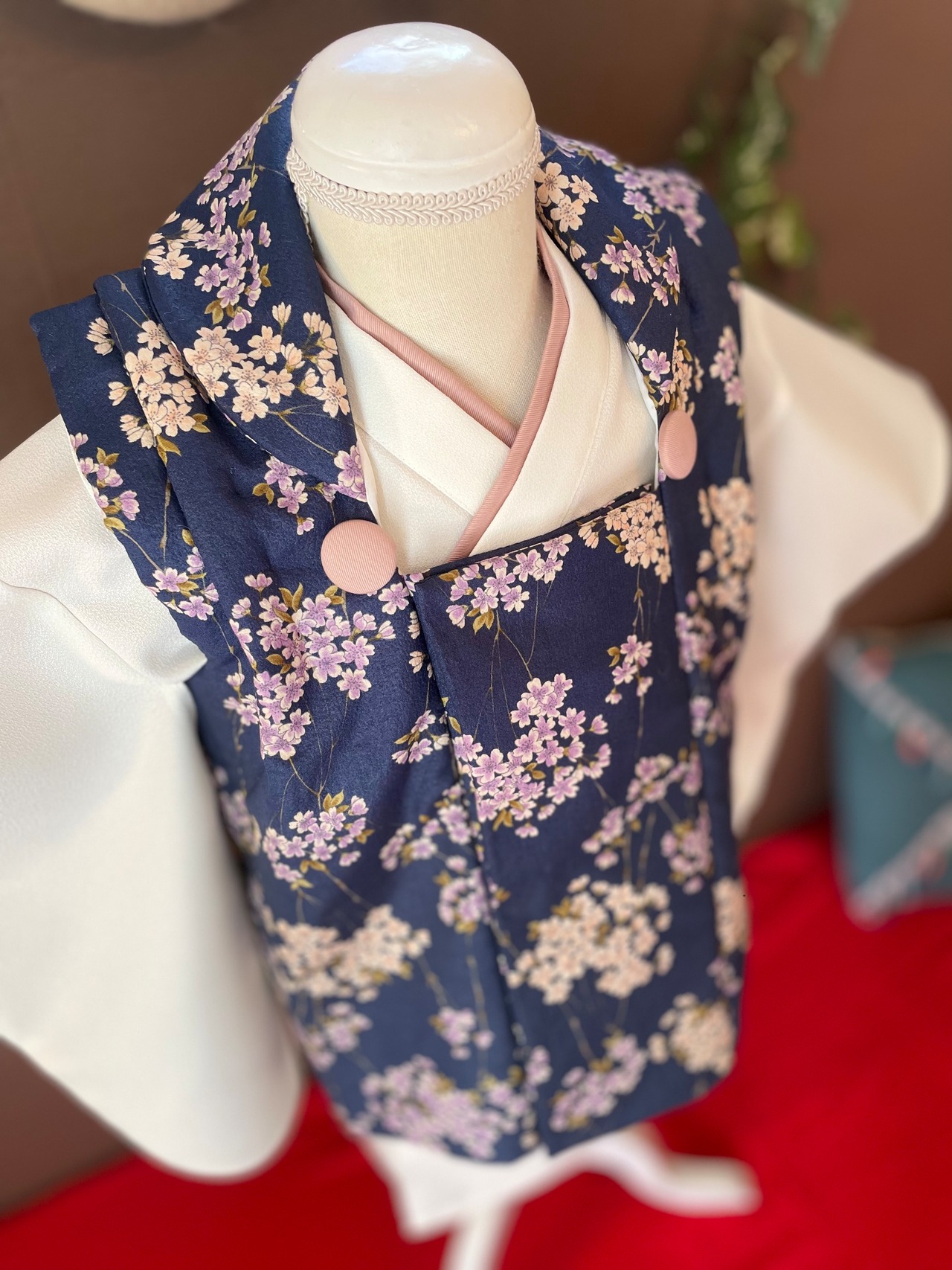 【受注製作】ソメイヨシノ夜桜柄キモノ被布3点セット・95男の子の祝い着