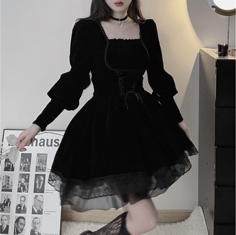 ワンピース ロング 黒 ブラック ゴシック シック モダン かわいい おしゃれ クラシック オルチャン 韓国ファッション 267 Wist