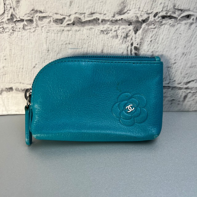 CHANEL シャネル カメリア ココマーク レザー コインケース ブルー A-12197