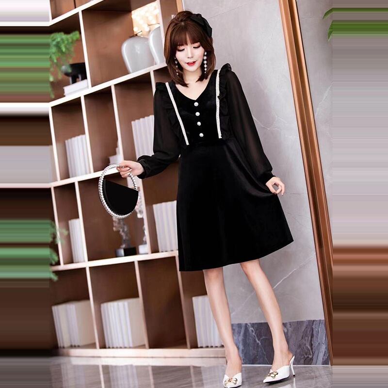 プラスサイズの女性の2020年フレンチニッチレトロスカート女性のウエストベルベットリトルブラックスカートファットmmスキームドレストレンド ミックスインファッション99218574581