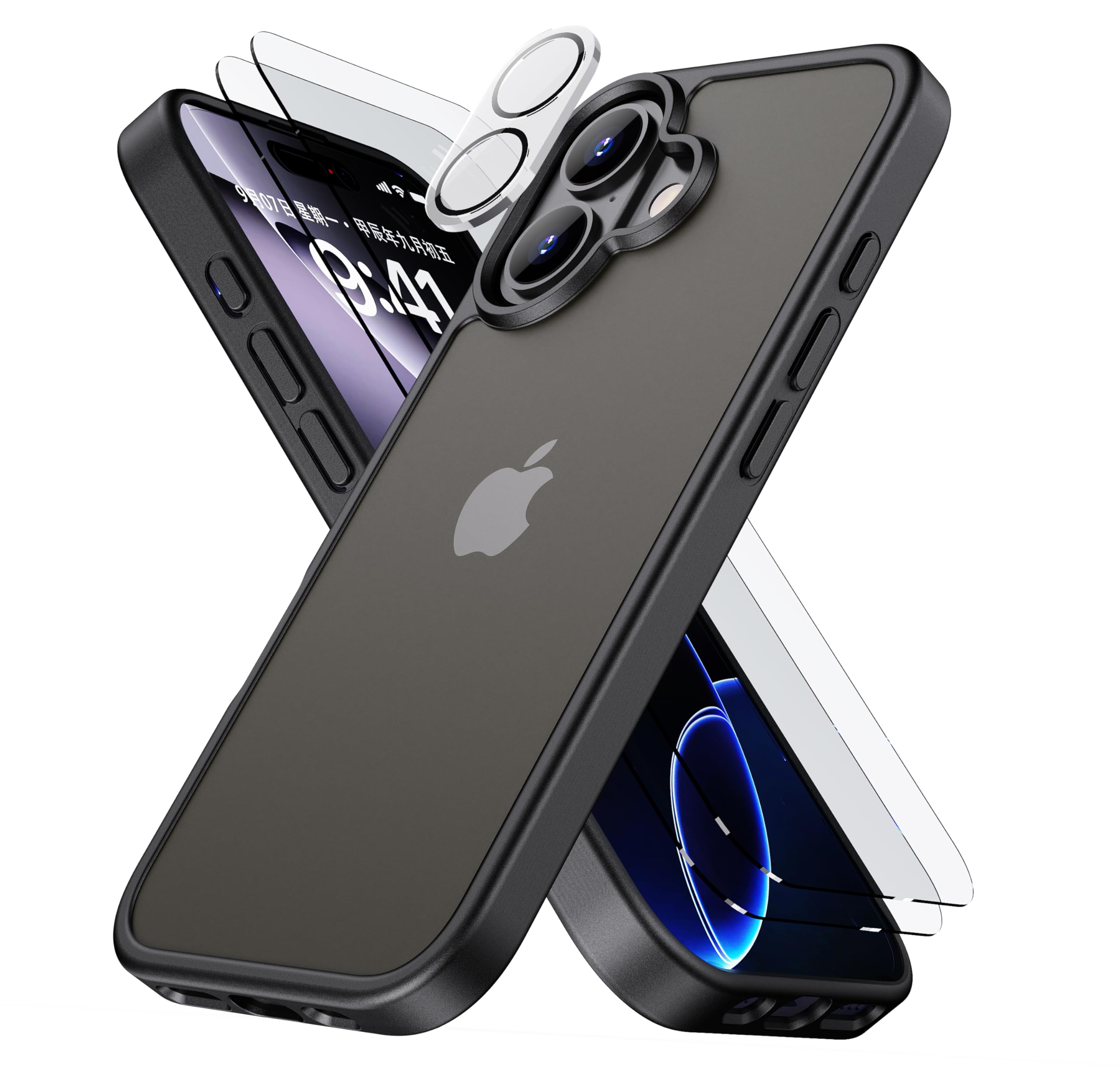 HEROMI iPhone 17 用 ケース【強化フィルム2枚付き】【カメラ保護】 米軍規格 いphone17 ケース 耐衝撃 指紋防止 滑り止め ワイヤレス充電 耐久性 全面保護 17スマホケース 6.3インチ用,ブラック