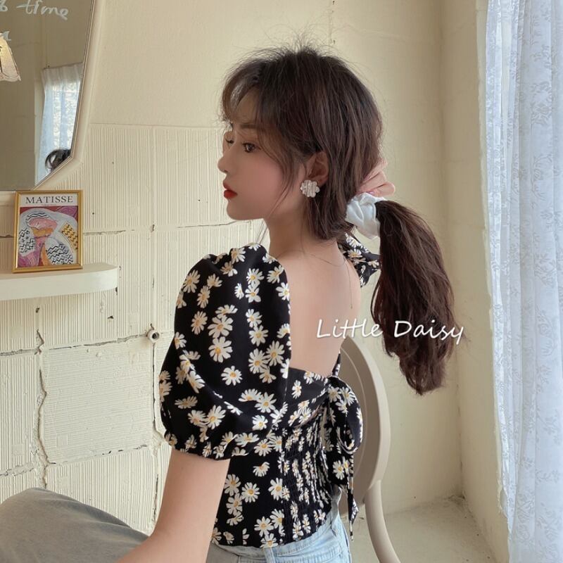 2020年新作ブラウスホルタースクエアネックパフスリーブトップデイジーデザインニッチショートシフォンシャツ 1号婦人65806668679