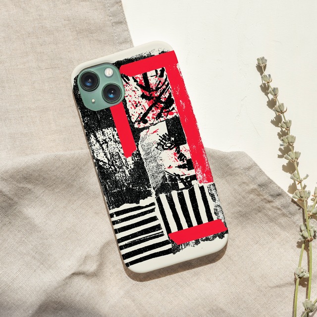 受注生産 iPhoneケース 赤い紙片と黒白ストライプのコラージュ｜ZINEコラージュ ZINE042C