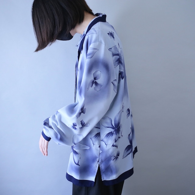 beautiful blue flower pattern loose silhouette open collar shirt