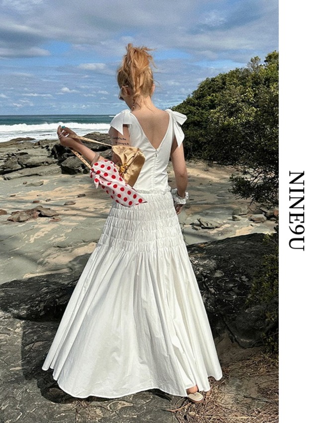 shoulder-ribbon gather flare long-one-piece【NINE8001】 | NINE9U