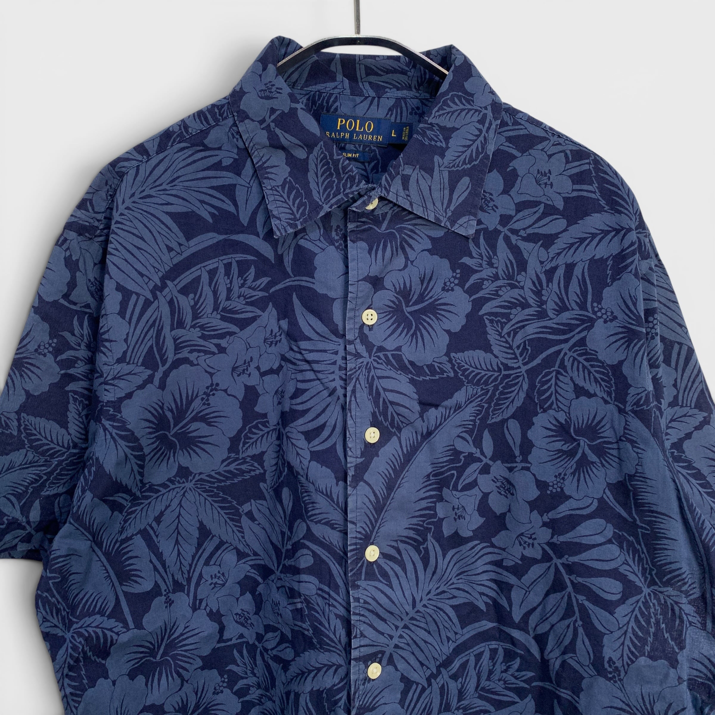 Ralph Lauren アロハシャツ ハイビスカス L 紺 スリムフィット | 古着