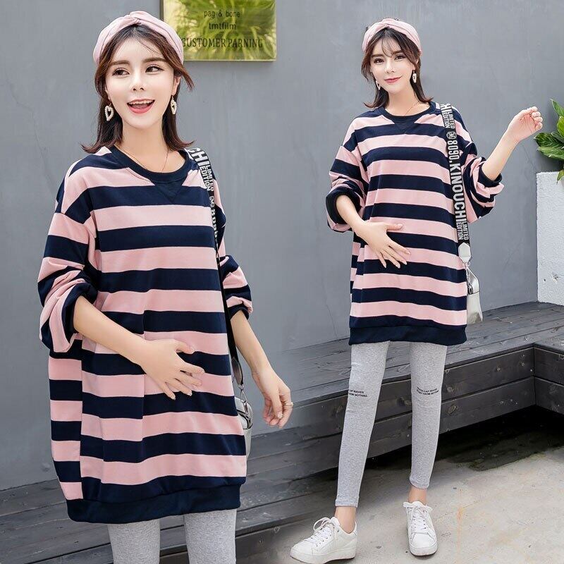 【新作】【送料無料】 8856＃マタニティドレス春秋コットンTシャツストライプ長袖ルーズスタイリッシュドレス妊婦ママドレス ロング スプリング 春物 オータム 秋物 AL expec320910990226