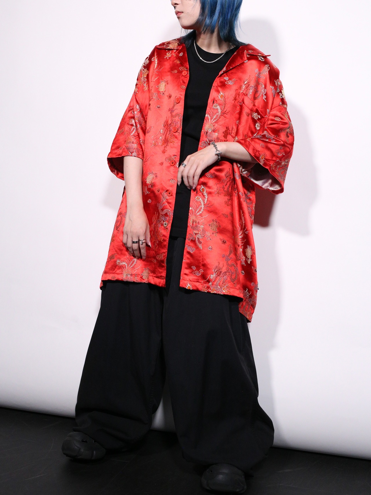 "龍" full pattern glossy fabric special open collar s/s shirt - 3