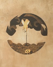 丸紋に兎や鳥獣があそぶ二曲屛風