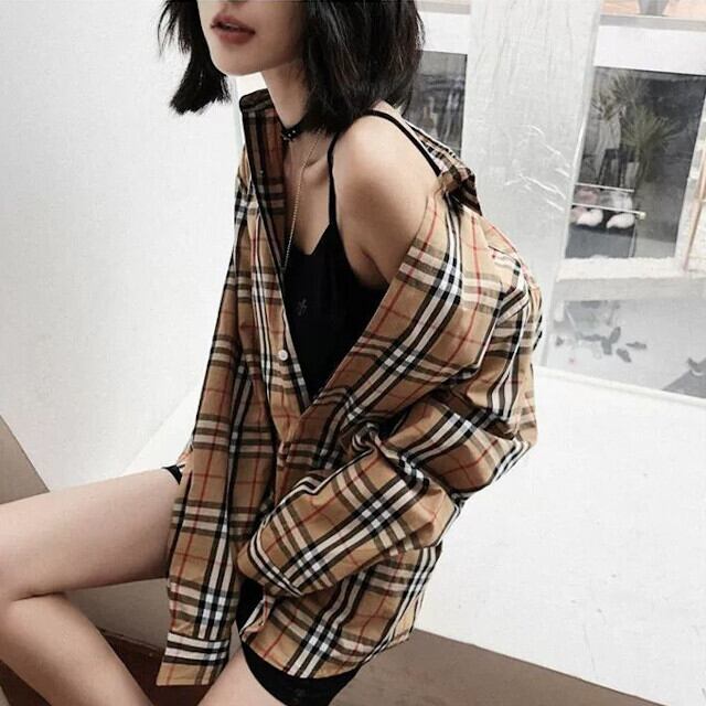 S/M/L/XL/2XL レディース ブラウス チェック柄 デザインシャツ ベージュ 長袖 ゆったり サイズ展開豊富