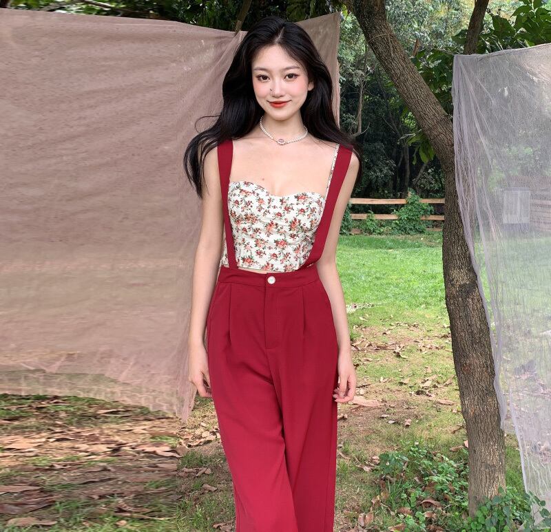 サマーフローラルトップス ハイウェストウェスト薄手ワイドレッグパンツ 夏物 花柄 ワイドパンツ ハンチェンe80687305756