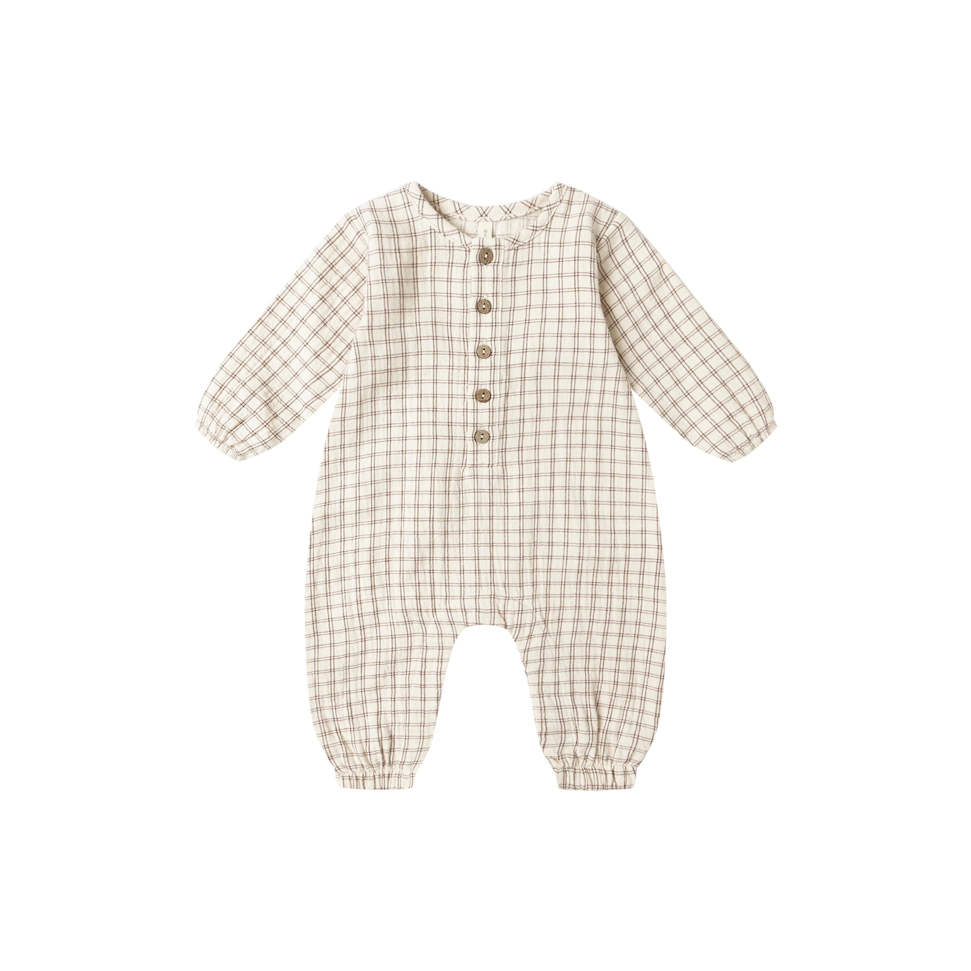 Quincy Mae(クインシーメイ)/ 25aw WOVEN JUMPSUIT CEDAR CHECK / BROWN / 6-12M・12-18M