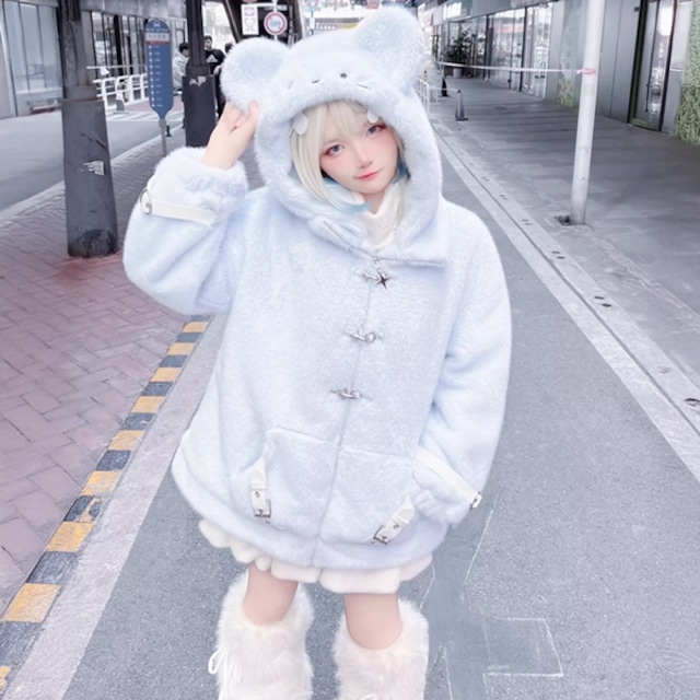 モコモコマウスフーディファイヤーマンバックルジップアップアイスブルーパンクジャケット(lli_6404)