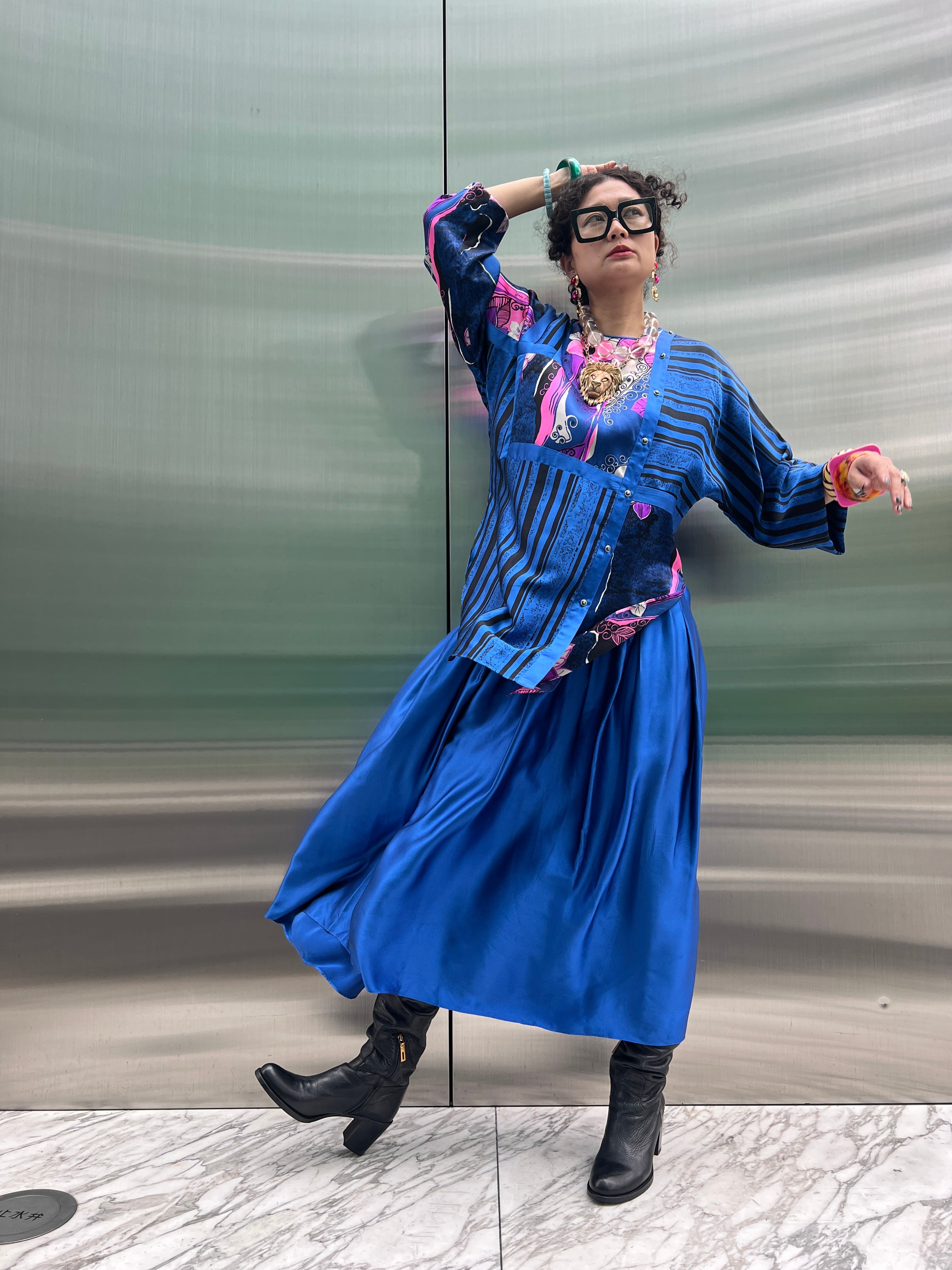 DF royal blue × neon pink floral silk set up