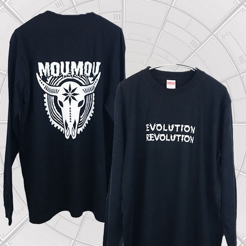 「EVO-REVO（進化革命）」MOUMOU バッファロー スカル 牛 丑 ロンＴ（1.6インチリブ）黒 ※両面プリント