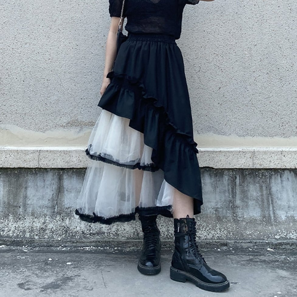 sheer asymmetry tiered skirt / l0895