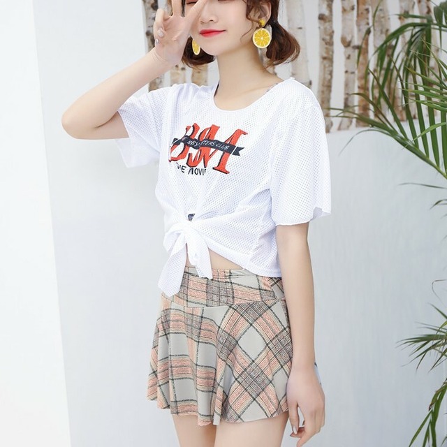 即納 水着 ３点セット 体型カバー トップス チェック チェック柄 パステル Tシャツ タンキニ スポーティー 英字ロゴ ビキニ 女の子 水着 ストリート系 可愛い ショートパンツ スポーツ 中学生 ジュニア 10代 代 プール 海 夏 新作 S M L Xl グレー オレンジ