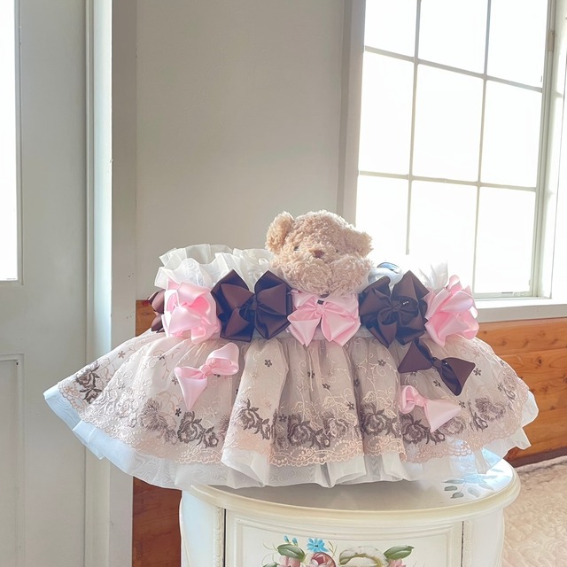 2キロまでサイズ カゴキャリーバッグ "レースドレス" ペット用バッグ/淡ベージュ×ブラウン