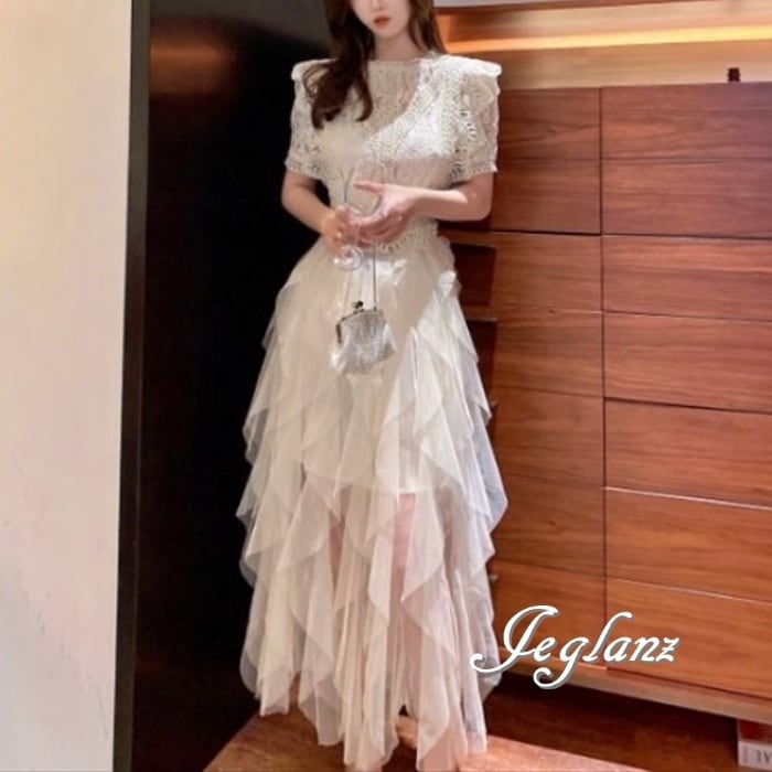 2色 パーティ ドレス ワンピース コンビ ボリューム チュール スカート (M0042)ζ