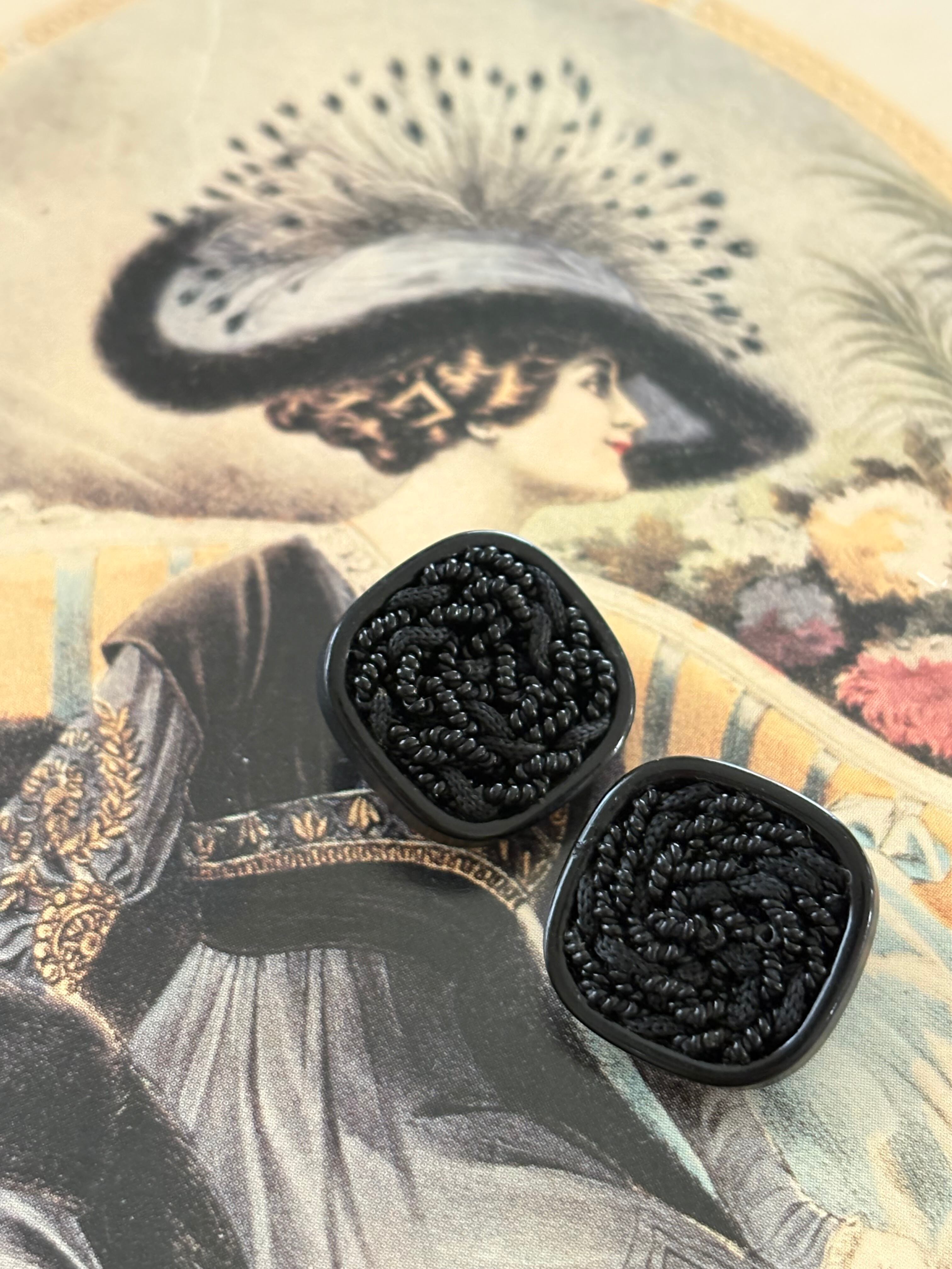 Japanese Vintageボタン ブラック コードボタン 17mm ビーズ スクウェア アクセサリーパーツ デコレーション材