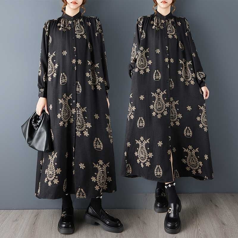 BLACK PRINT STAND COLLAR A-LINE LONG SHIRT DRESS 1color M-15819