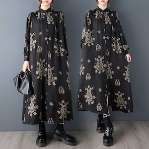 BLACK PRINT STAND COLLAR A-LINE LONG SHIRT DRESS 1color M-15819