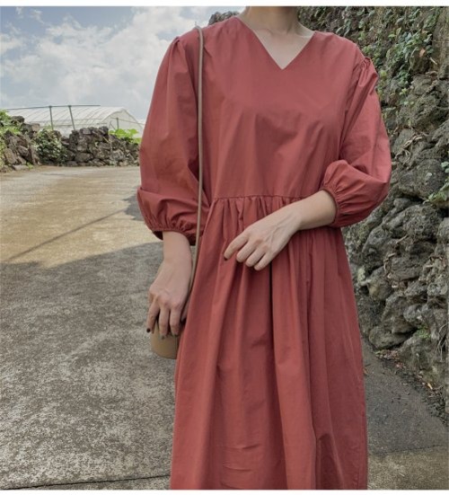 ワンピース レディース Ｖネック Ａライン フレア ロング丈 マキシ丈ワンピース マキシ丈 ロング丈ワンピ 上品 シンプル 無地 七分袖 パフスリーブ 大きいサイズ ゆったり 大きめ 春 夏