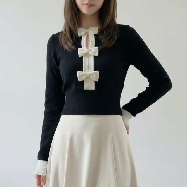 トリプルリボン 配色ニットトップス　ch0093