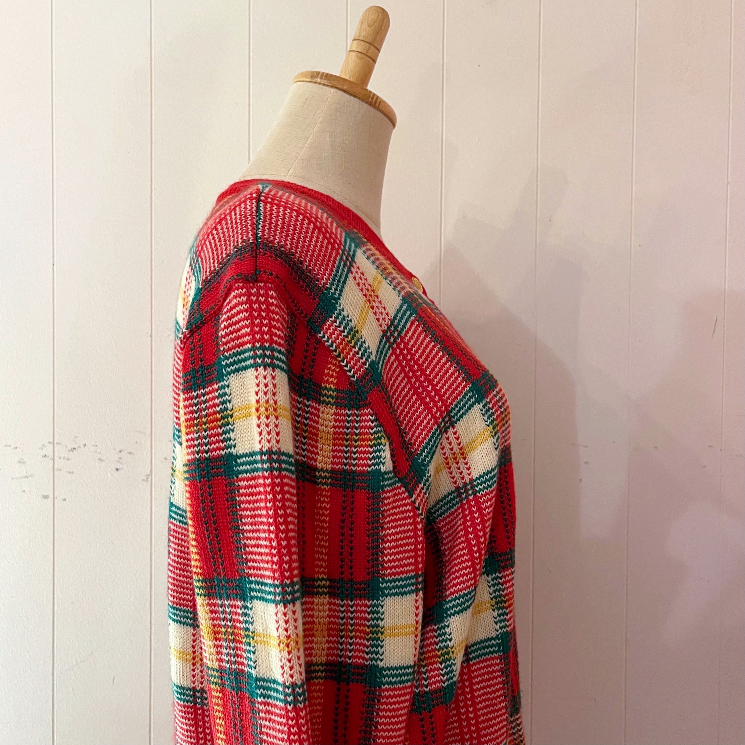 red green check knit cardigan
