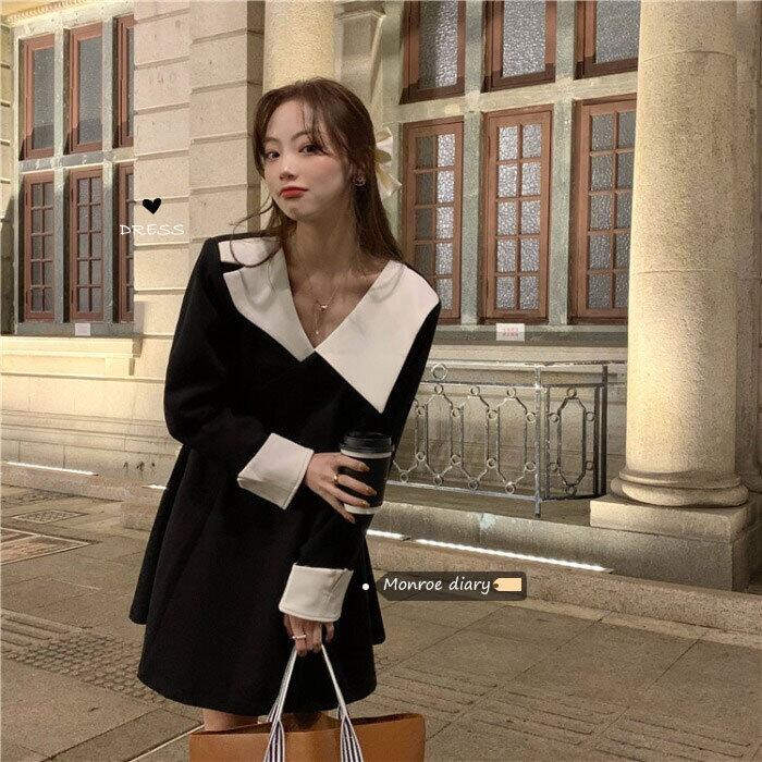 スタンダードドレス スタイルオータムウィンターAラインスカート ウェスト薄手ブラック レトロ 秋物 冬物 モンロー93203801431