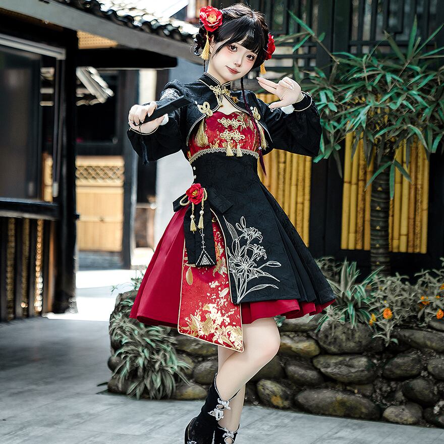 ロリータファッション 紅華のアシンメトリーチャイナ風中華ロリータ